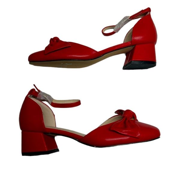 Coutgo Red Small Heels Block Heel Bow on Top Formal Cute Dress Shoes Size 6 - Picture 5 of 9
